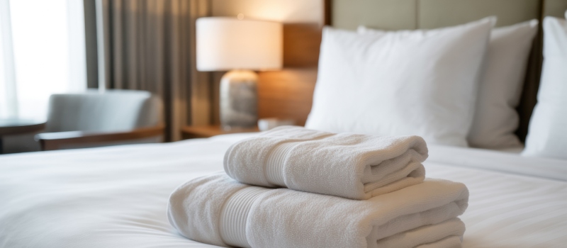 Hotel-, Flucht- und Zimmerpläne für Hotels: Bett mit gefalteten Handtüchern